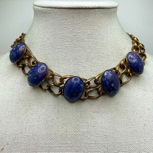 Beautiful Gold Tone Chain Faux Blue Stone Bib Statement Necklace